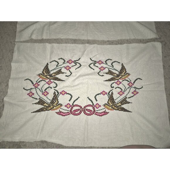 Vintage Hand-Stitched Embroidered Cross-Stitch Fabric Panels Swallows Floral - Picture 2 of 12
